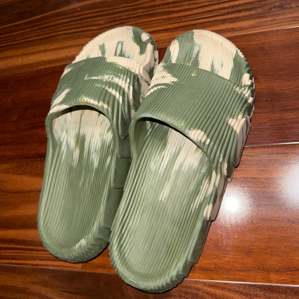 Green and Cream Slide Sandals